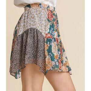 Umgee Patchwork Floral Animal Print Metallic Skirt